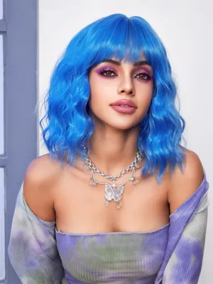LOSMOEER Blue Wig with Bangs Short Wavy Wigs for Women Shoulder Length Curly Bob Wigs Heat Resistant Synthetic Wigs for Halloween Cosplay Daily Party Use
