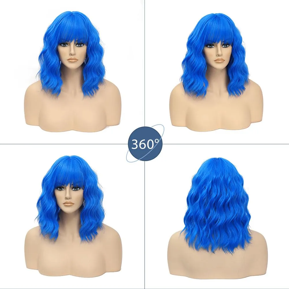 LOSMOEER Blue Wig with Bangs Short Wavy Wigs for Women Shoulder Length Curly Bob Wigs Heat Resistant Synthetic Wigs for Halloween Cosplay Daily Party Use