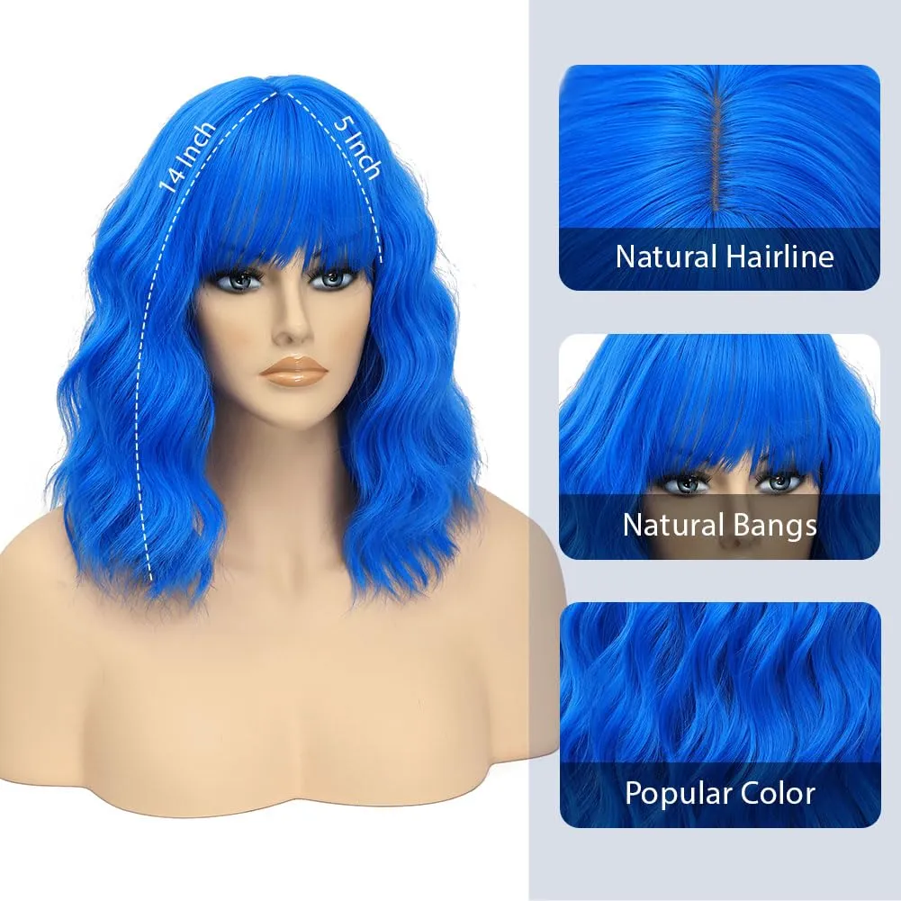 LOSMOEER Blue Wig with Bangs Short Wavy Wigs for Women Shoulder Length Curly Bob Wigs Heat Resistant Synthetic Wigs for Halloween Cosplay Daily Party Use