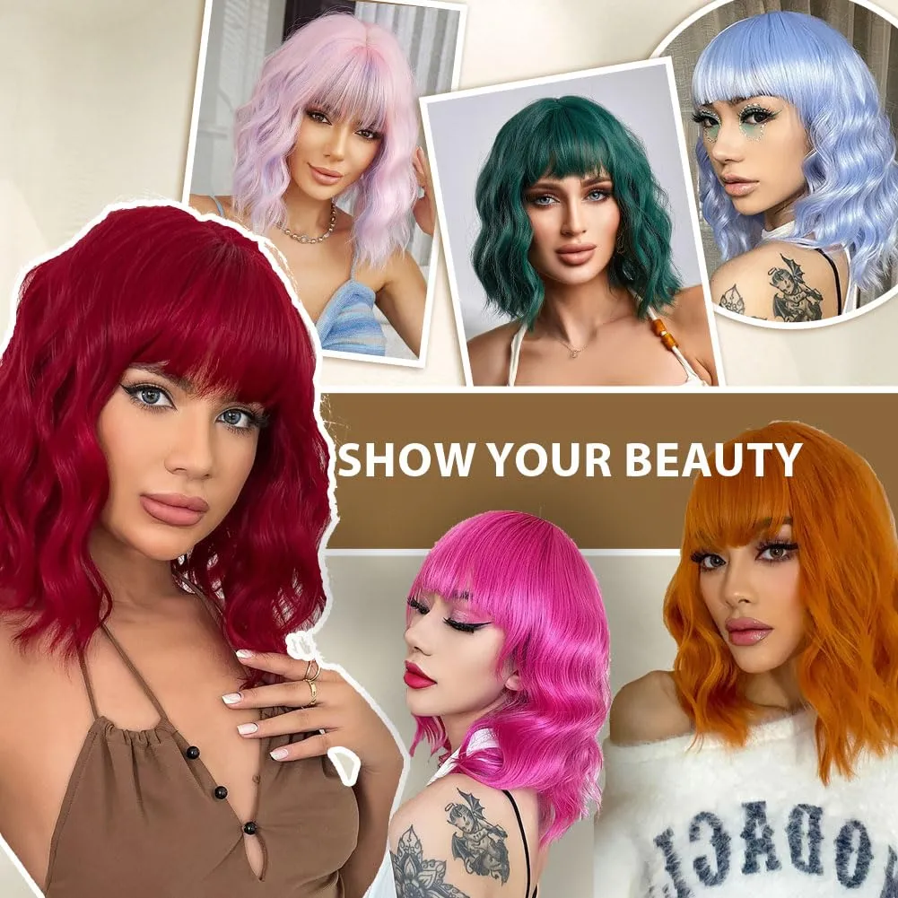 LOSMOEER Blue Wig with Bangs Short Wavy Wigs for Women Shoulder Length Curly Bob Wigs Heat Resistant Synthetic Wigs for Halloween Cosplay Daily Party Use
