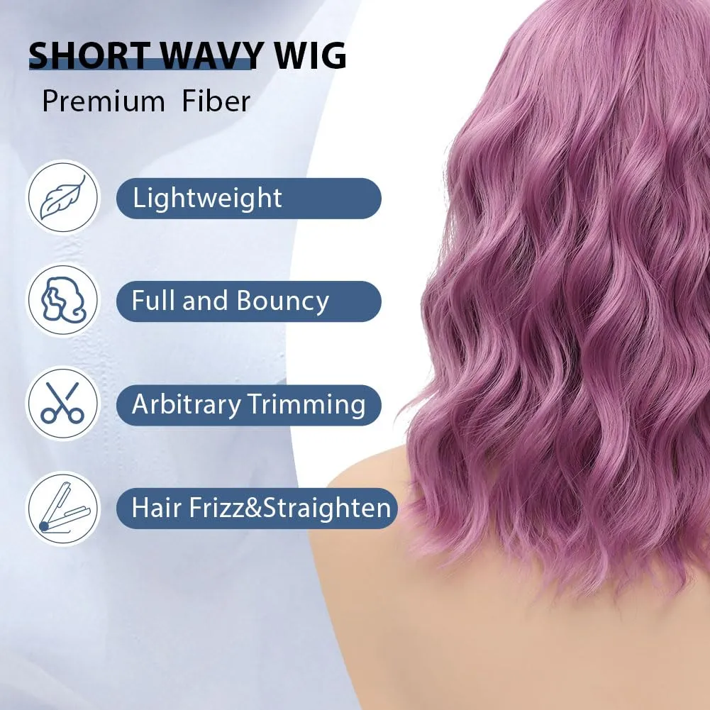 LOSMOEER Purple Pink Wig with Bangs Short Wavy Wigs for Women Shoulder Length Curly Bob Wigs Heat Resistant Synthetic Wigs for Halloween Cosplay Daily Party Use