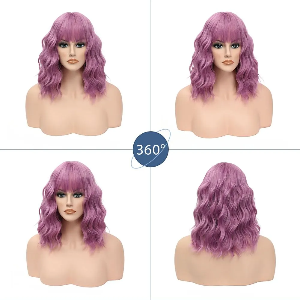 LOSMOEER Purple Pink Wig with Bangs Short Wavy Wigs for Women Shoulder Length Curly Bob Wigs Heat Resistant Synthetic Wigs for Halloween Cosplay Daily Party Use
