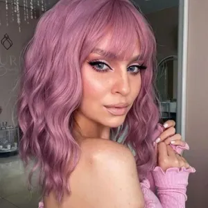 LOSMOEER Purple Pink Wig with Bangs Short Wavy Wigs for Women Shoulder Length Curly Bob Wigs Heat Resistant Synthetic Wigs for Halloween Cosplay Daily Party Use