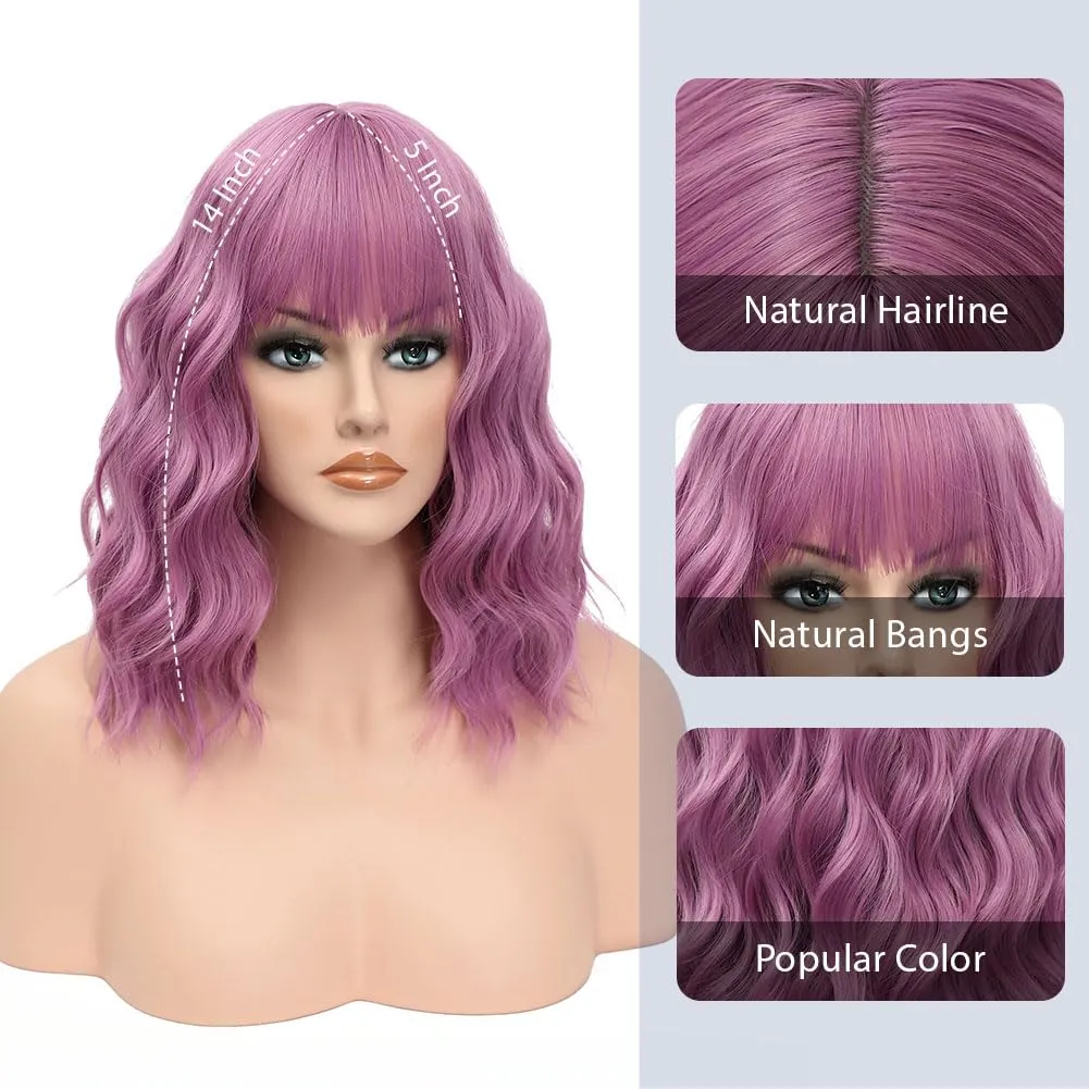LOSMOEER Purple Pink Wig with Bangs Short Wavy Wigs for Women Shoulder Length Curly Bob Wigs Heat Resistant Synthetic Wigs for Halloween Cosplay Daily Party Use