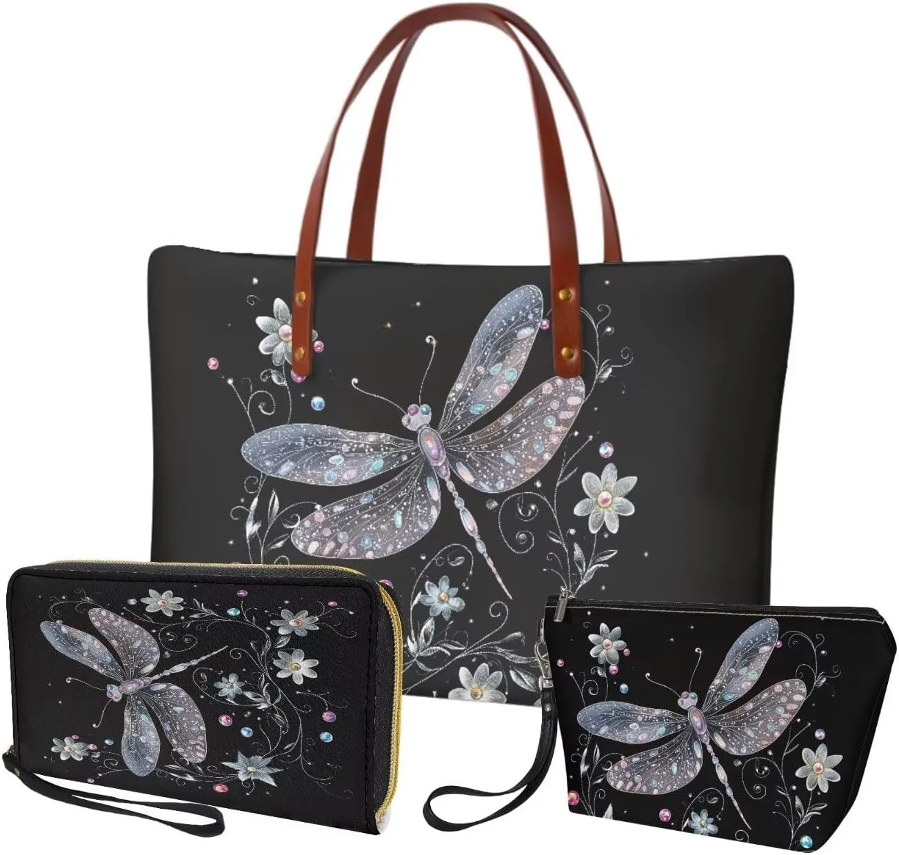 Lotusorchid Top Handle Bag Purse and Wallet Set Large Tote Handbag Satchel Purse with Leather Cosmetic Bag for Women