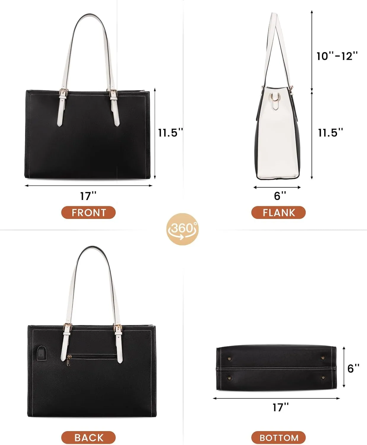 LOVEVOOK Laptop Tote Bag for Women, Large Briefcase for 15.6 Inch Computer Waterproof Leather Bag with USB Charging Port, Fashion Business Office Work Shoulder Handbag Purse 2Pcs Set, Black-White