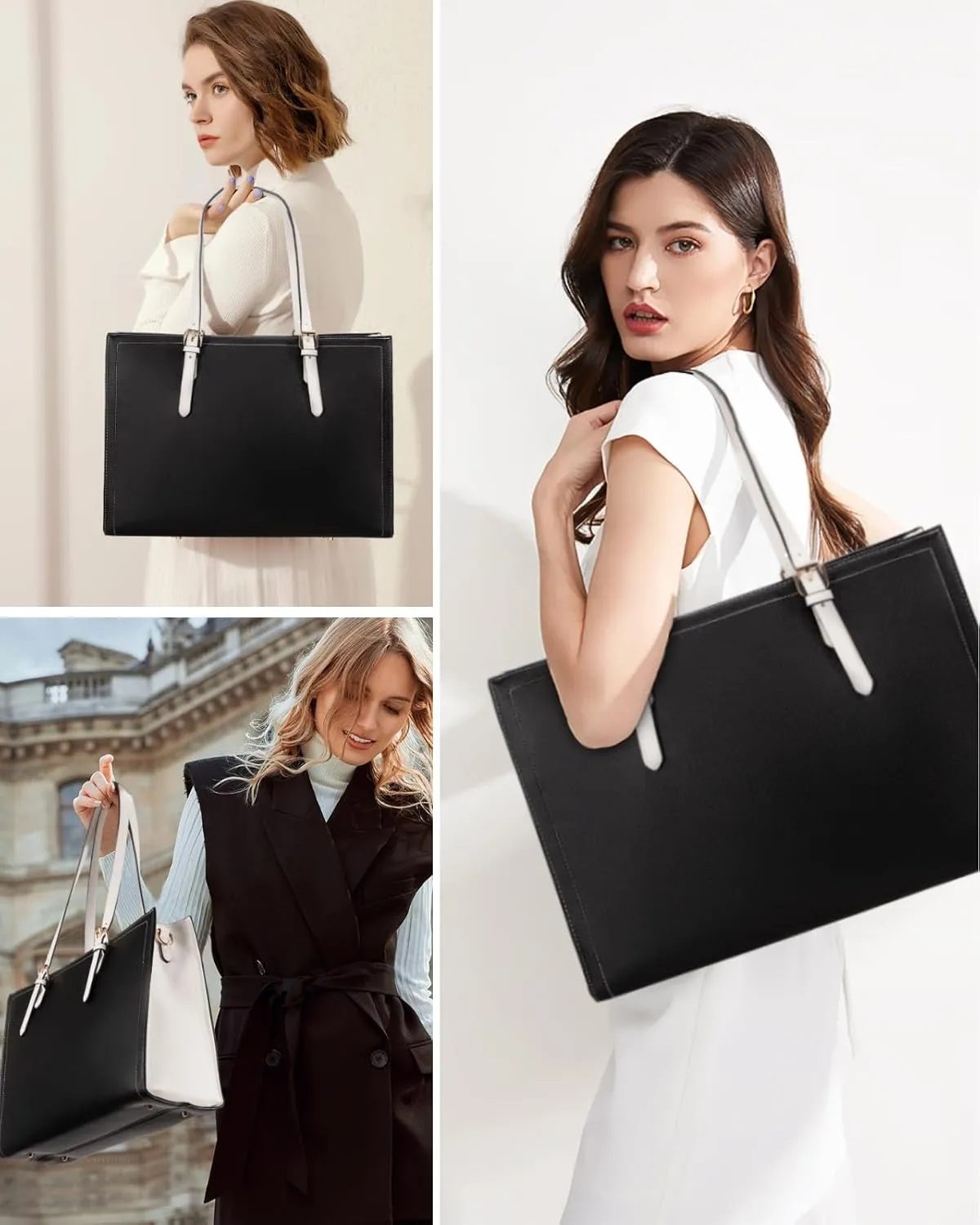 LOVEVOOK Laptop Tote Bag for Women, Large Briefcase for 15.6 Inch Computer Waterproof Leather Bag with USB Charging Port, Fashion Business Office Work Shoulder Handbag Purse 2Pcs Set, Black-White