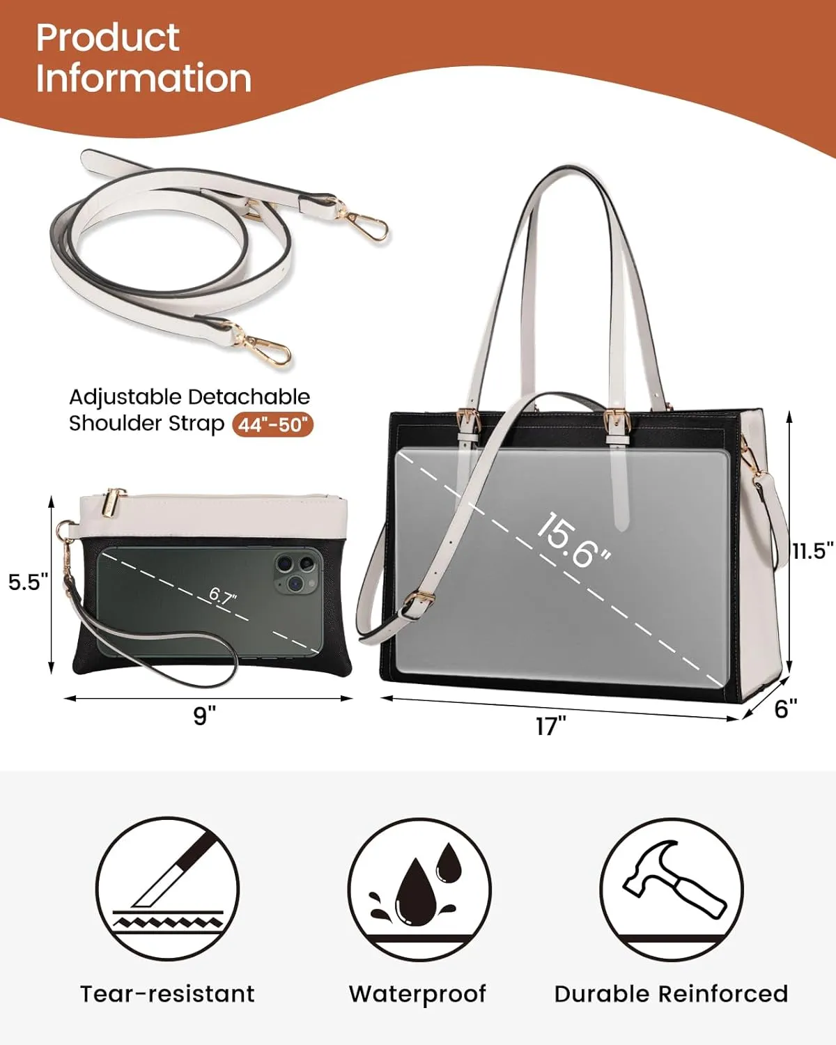 LOVEVOOK Laptop Tote Bag for Women, Large Briefcase for 15.6 Inch Computer Waterproof Leather Bag with USB Charging Port, Fashion Business Office Work Shoulder Handbag Purse 2Pcs Set, Black-White