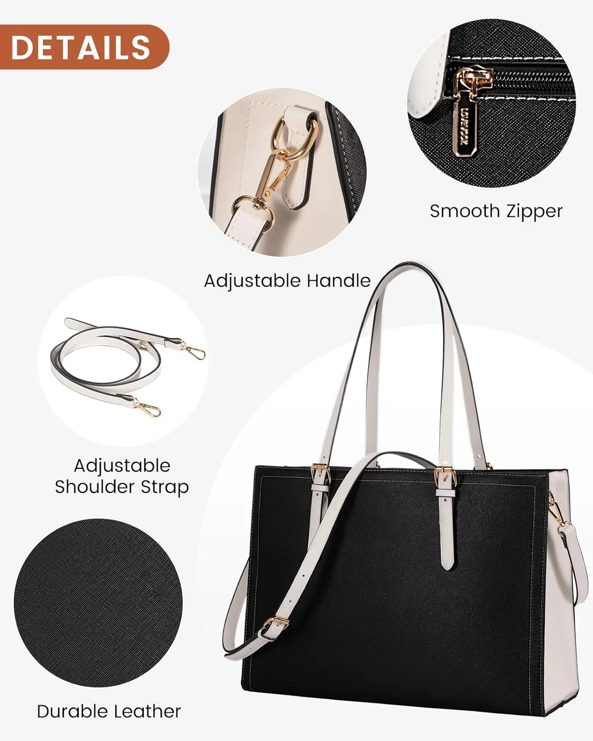 LOVEVOOK Laptop Tote Bag for Women, Large Briefcase for 15.6 Inch Computer Waterproof Leather Bag with USB Charging Port, Fashion Business Office Work Shoulder Handbag Purse 2Pcs Set, Black-White