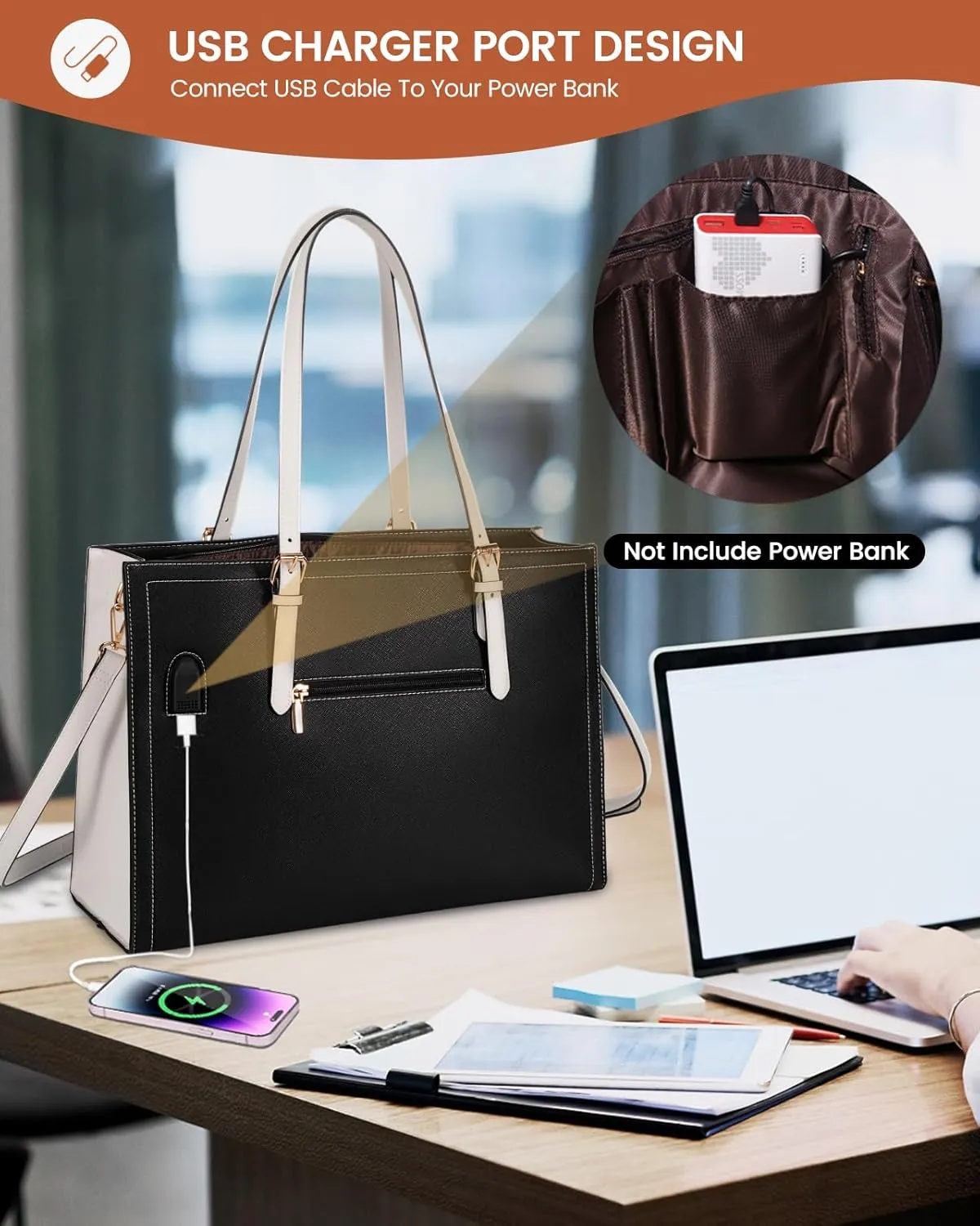 LOVEVOOK Laptop Tote Bag for Women, Large Briefcase for 15.6 Inch Computer Waterproof Leather Bag with USB Charging Port, Fashion Business Office Work Shoulder Handbag Purse 2Pcs Set, Black-White