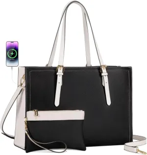 LOVEVOOK Laptop Tote Bag for Women, Large Briefcase for 15.6 Inch Computer Waterproof Leather Bag with USB Charging Port, Fashion Business Office Work Shoulder Handbag Purse 2Pcs Set, Black-White