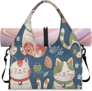 Lucky Cat Women's Yoga Gym Bag - Adjustable shoulder strap with shoe compartment, large gym bag with multiple pockets for yoga mat, gym equipment and travel accessories