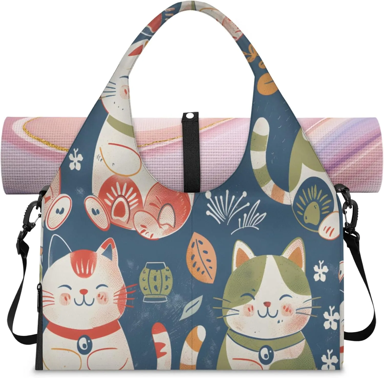 Lucky Cat Women's Yoga Gym Bag - Adjustable shoulder strap with shoe compartment, large gym bag with multiple pockets for yoga mat, gym equipment and travel accessories