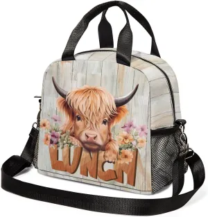 Lunch Box Kids,Small Insulated Lunch Bag for Girls Highland Cow Lunch Bag with Water Bottle Holder Cute Lunch Totebag with Shoulder Strap for Women School Work Picnic
