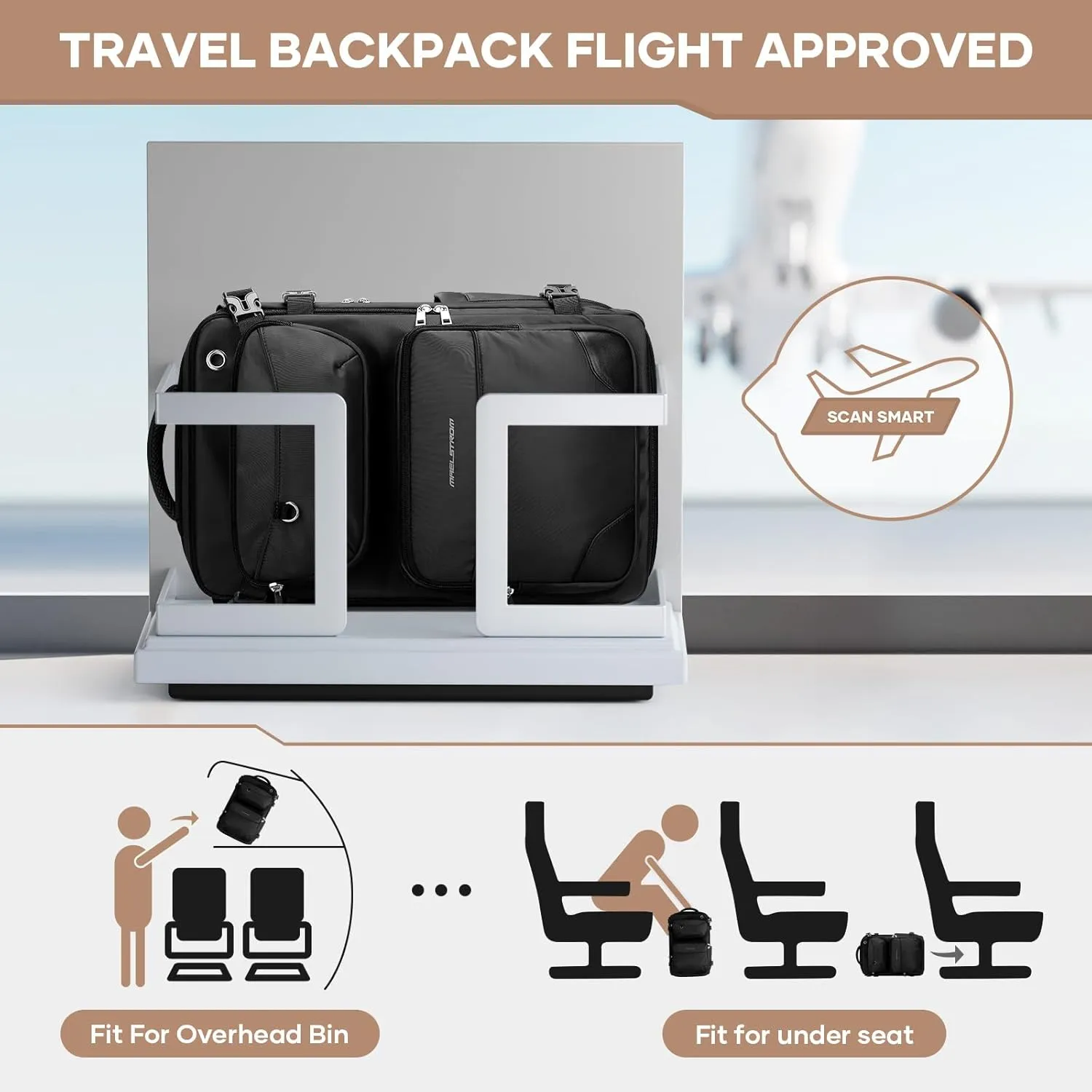 Maelstrom Travel Backpack for Men Women, 35L Carry on Backpack for Traveling on Airplane,with Belt Bag&Shoe Compartment,Waterproof Laptop Backpack fit 17”Laptop-Pure Black,Large