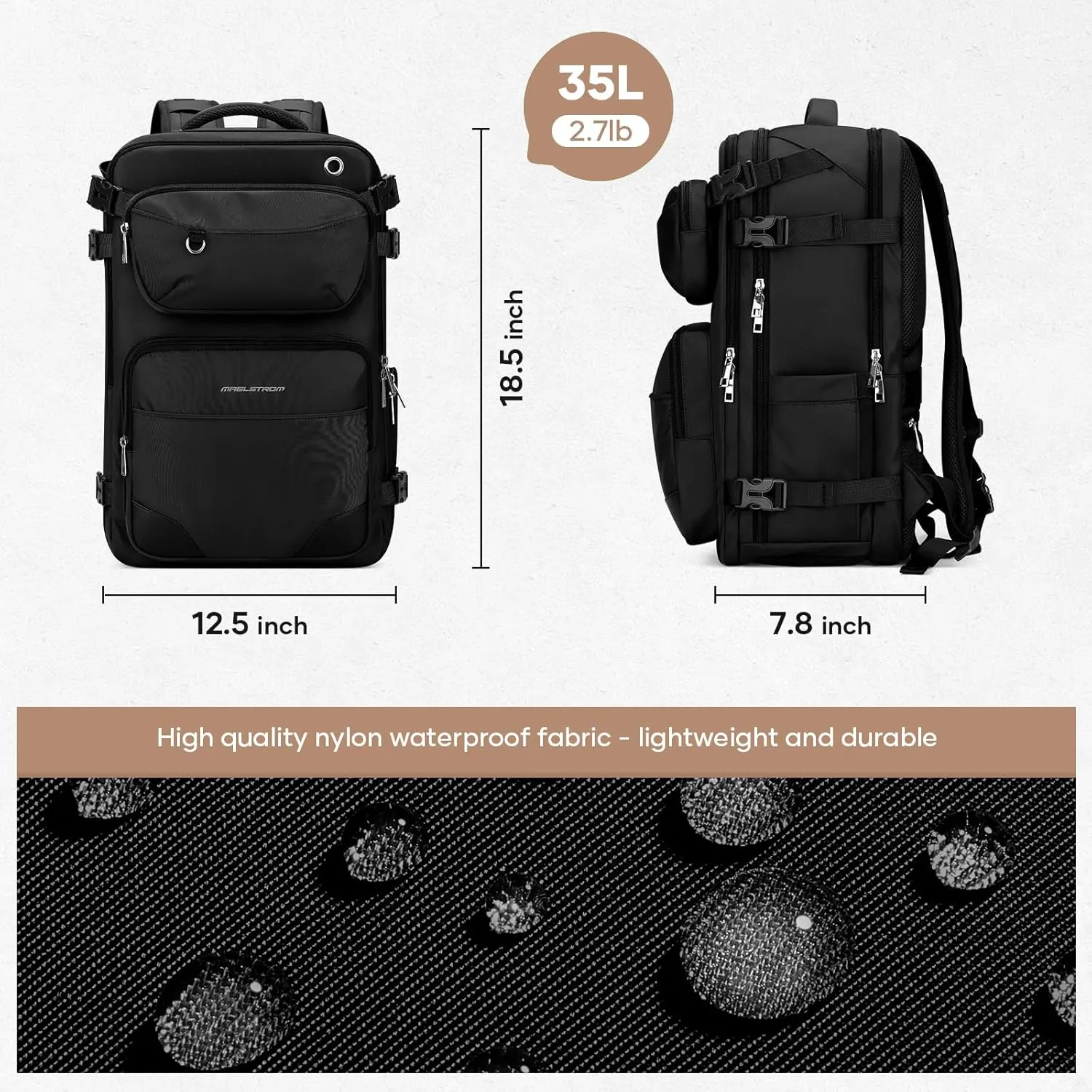 Maelstrom Travel Backpack for Men Women, 35L Carry on Backpack for Traveling on Airplane,with Belt Bag&Shoe Compartment,Waterproof Laptop Backpack fit 17”Laptop-Pure Black,Large