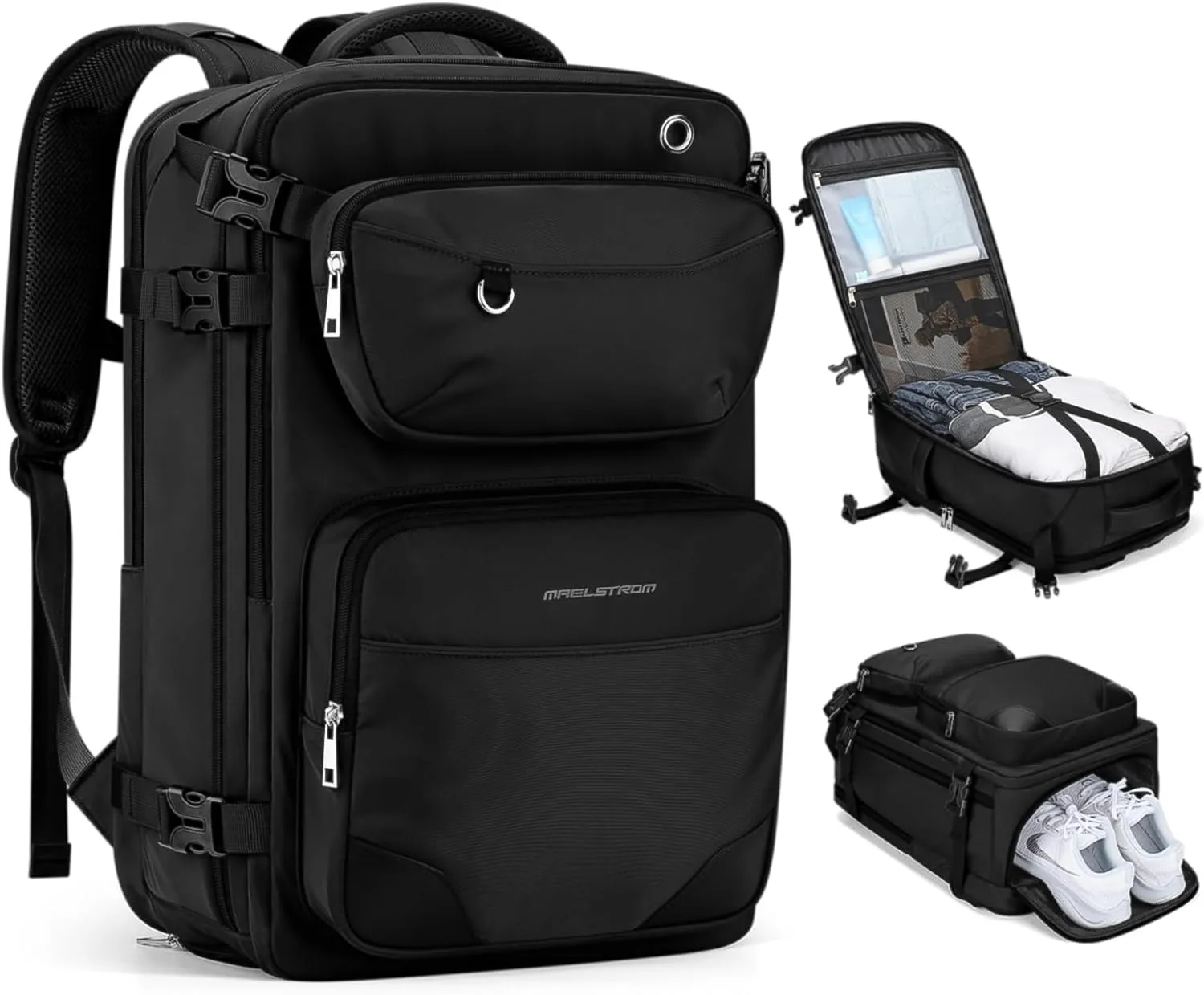 Maelstrom Travel Backpack for Men Women, 35L Carry on Backpack for Traveling on Airplane,with Belt Bag&Shoe Compartment,Waterproof Laptop Backpack fit 17”Laptop-Pure Black,Large