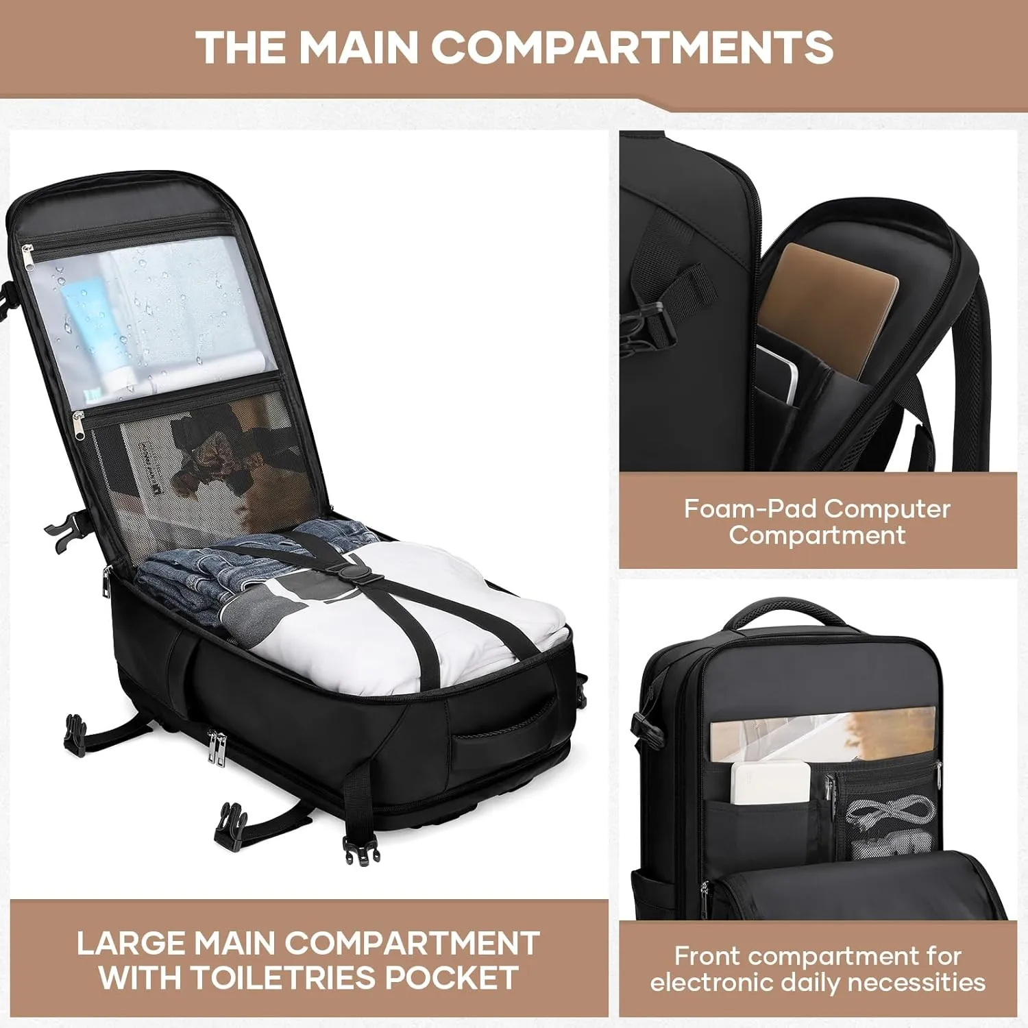 Maelstrom Travel Backpack for Men Women, 35L Carry on Backpack for Traveling on Airplane,with Belt Bag&Shoe Compartment,Waterproof Laptop Backpack fit 17”Laptop-Pure Black,Large