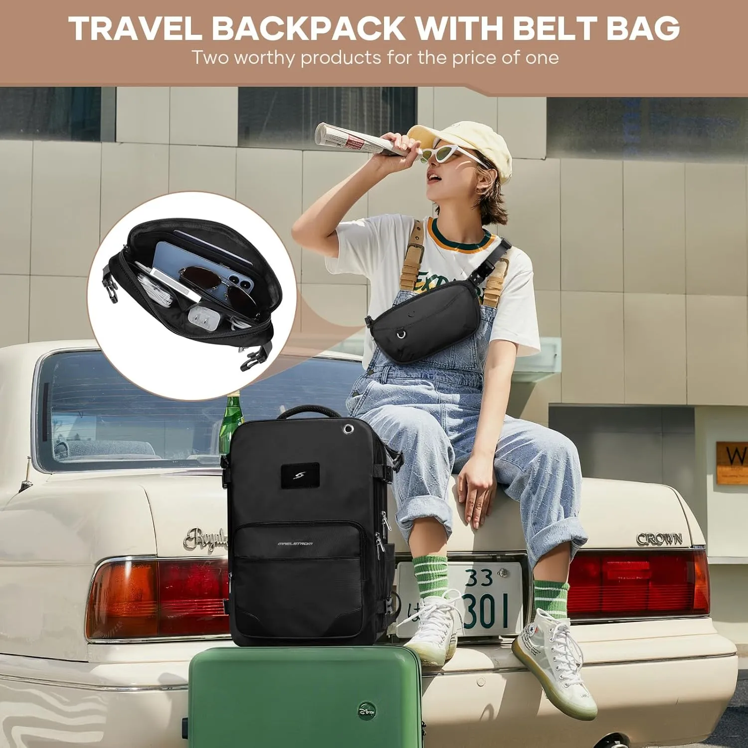 Maelstrom Travel Backpack for Men Women, 35L Carry on Backpack for Traveling on Airplane,with Belt Bag&Shoe Compartment,Waterproof Laptop Backpack fit 17”Laptop-Pure Black,Large