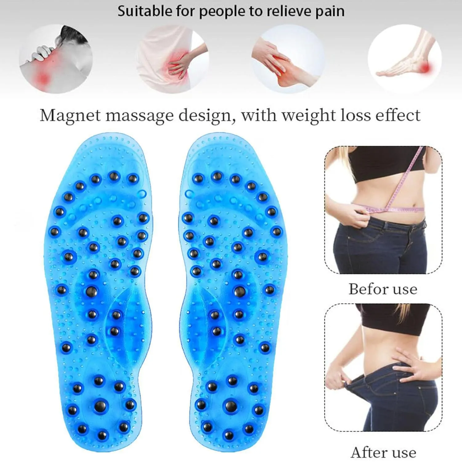 Magnetic Therapy Insoles, PVC Material, Unisex-Adults, Blue, L (40-45), Foot Massage Insoles, Health Care, Arch Support, Blood Circulation, Foot Pain Relief