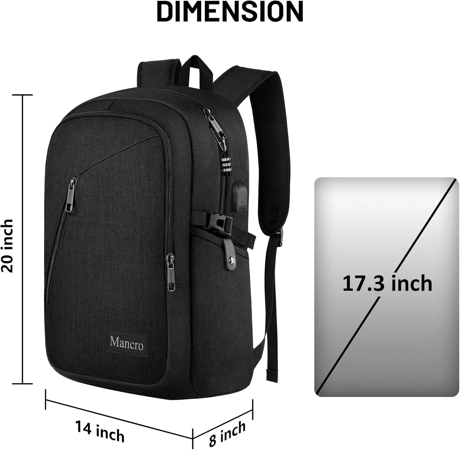 Mancro Laptop Backpack for Travel 17.3 in Anti-Theft Business Backpack Large Travel Computer Bag Daypack Work College Bookbag for Men Women, Black