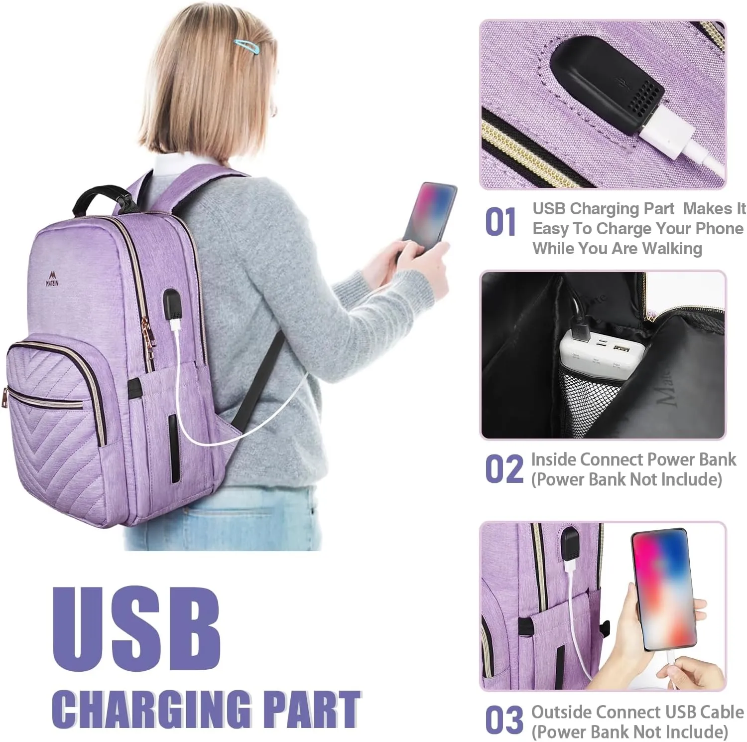 MATEIN 17 Inch Laptop Backpack, Womens Travel Laptop Backpack, Large Water Resistant College Teacher Nurse Work Bag Lightweight Daypack Computer Bagpack with USB Charging Port, Purple