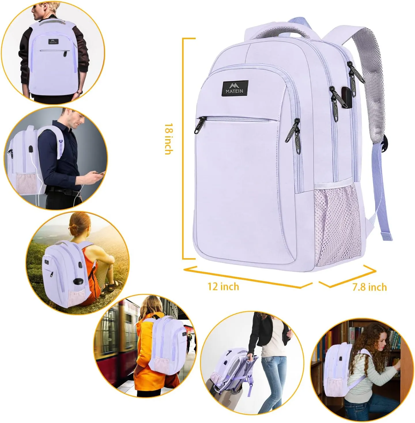 MATEIN Laptop Backpack for Girls, 15.6 Inch College School Backpack for Women with USB Charging Port, Water Resistant Durble Slim Students Bookbag Casual Daypack Travel Computer Nurse Work Bag Gift