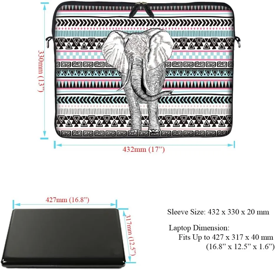 Meffort Inc 17 17.3 inch Neoprene Laptop Sleeve Bag Carrying Case with Hidden Handle and Adjustable Shoulder Strap - Elephant Wave Pattern