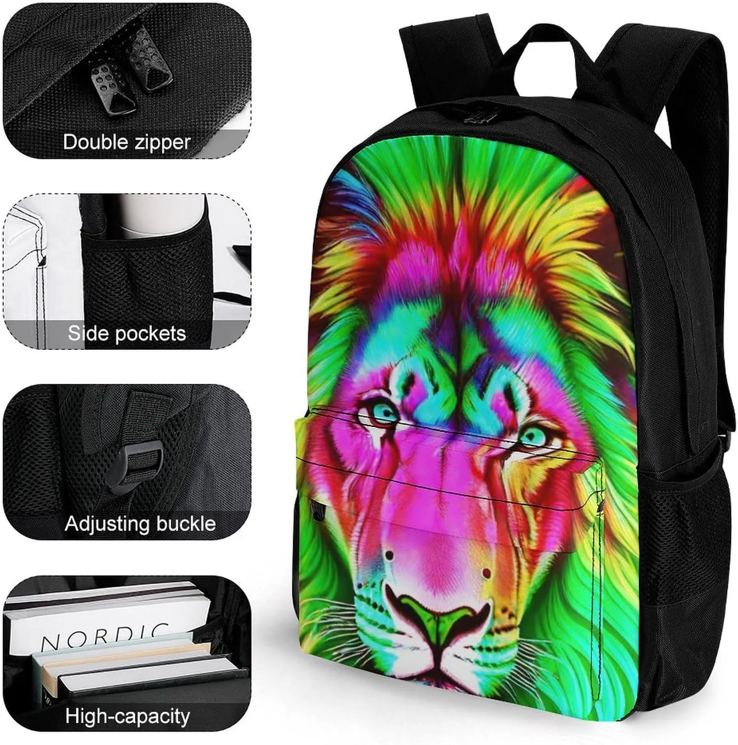 Men & Women Polyester Psychedelic Lion Art Backpack Large Capacity Bookbag With Smooth Zippers for Climbing Picnic Bicycle