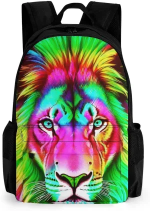 Men & Women Polyester Psychedelic Lion Art Backpack Large Capacity Bookbag With Smooth Zippers for Climbing Picnic Bicycle