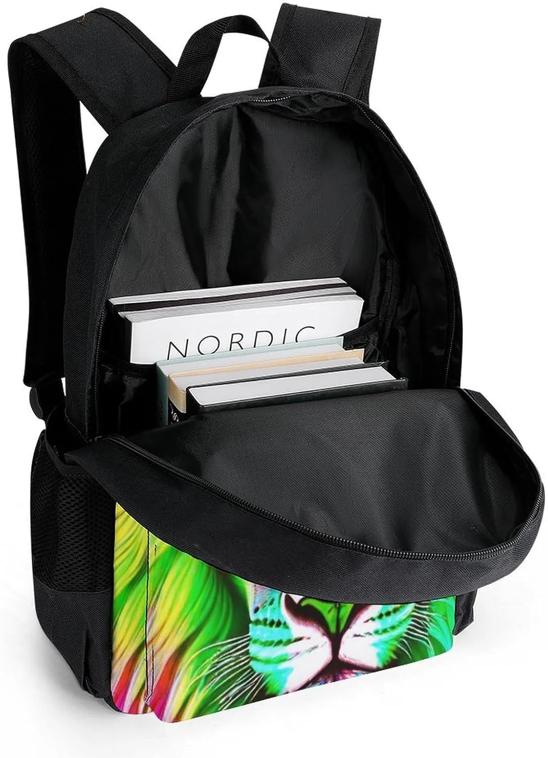 Men & Women Polyester Psychedelic Lion Art Backpack Large Capacity Bookbag With Smooth Zippers for Climbing Picnic Bicycle
