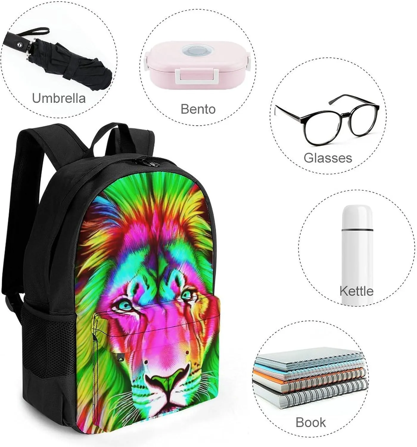 Men & Women Polyester Psychedelic Lion Art Backpack Large Capacity Bookbag With Smooth Zippers for Climbing Picnic Bicycle