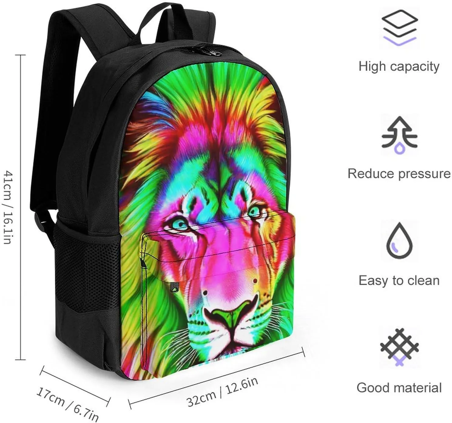 Men & Women Polyester Psychedelic Lion Art Backpack Large Capacity Bookbag With Smooth Zippers for Climbing Picnic Bicycle