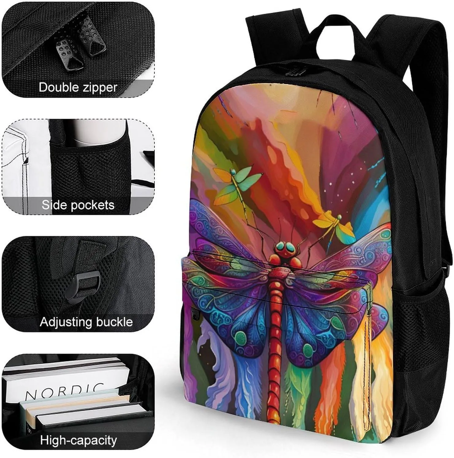 Men Women Lightweight A Vibrant Dragonfly Colorful World Art Backpack Large Capacity Bookbag With Smooth Zippers for Gym Business Running