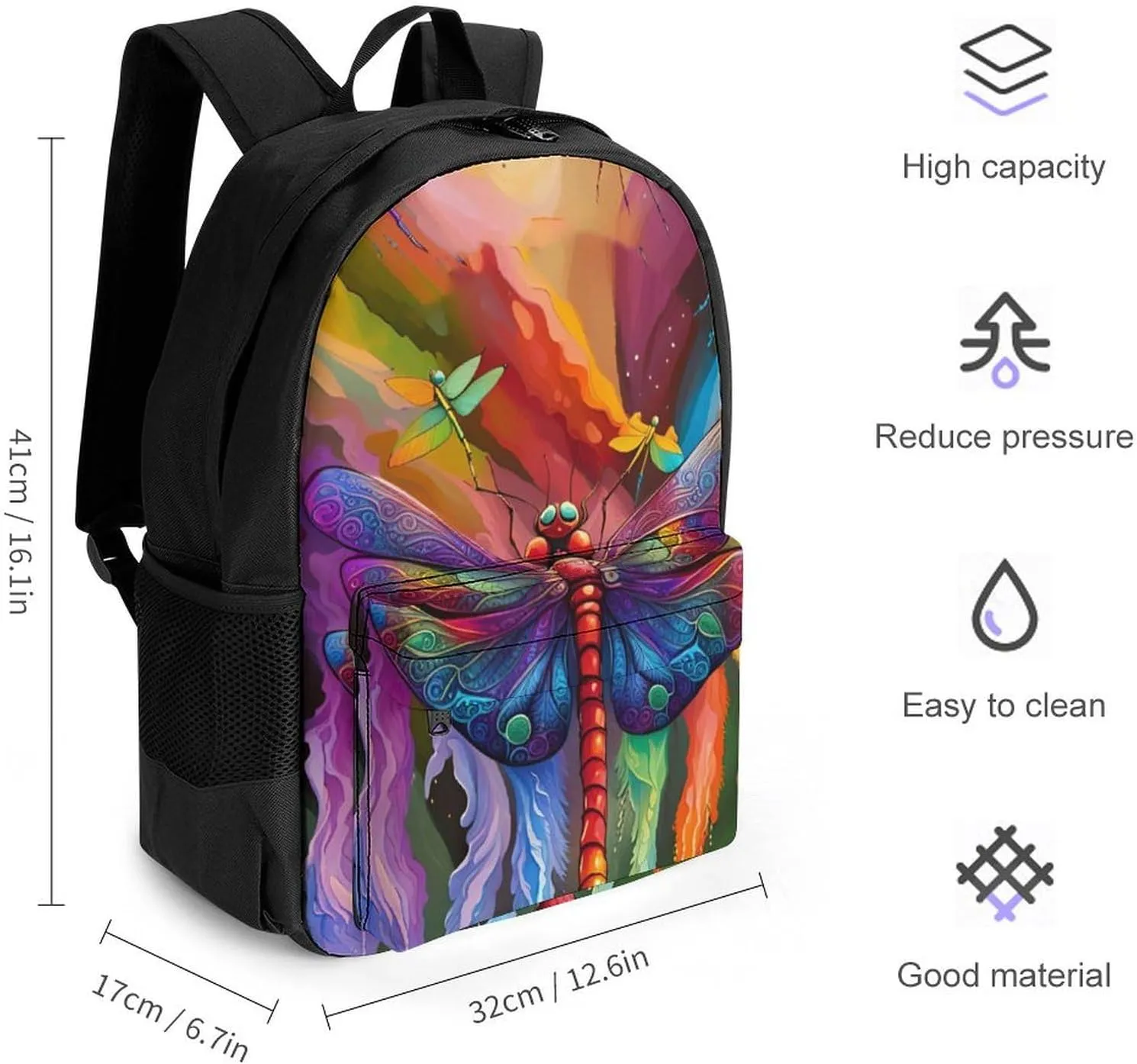 Men Women Lightweight A Vibrant Dragonfly Colorful World Art Backpack Large Capacity Bookbag With Smooth Zippers for Gym Business Running