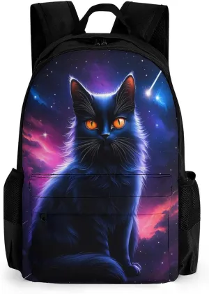 Men Women Polyester Cosmic Black Cat Eye Flames Burning Starry Sky Rt Casual Daypack Large Capacity Carry On Bag With Adjustable Shoulder Straps for Camping Work Running