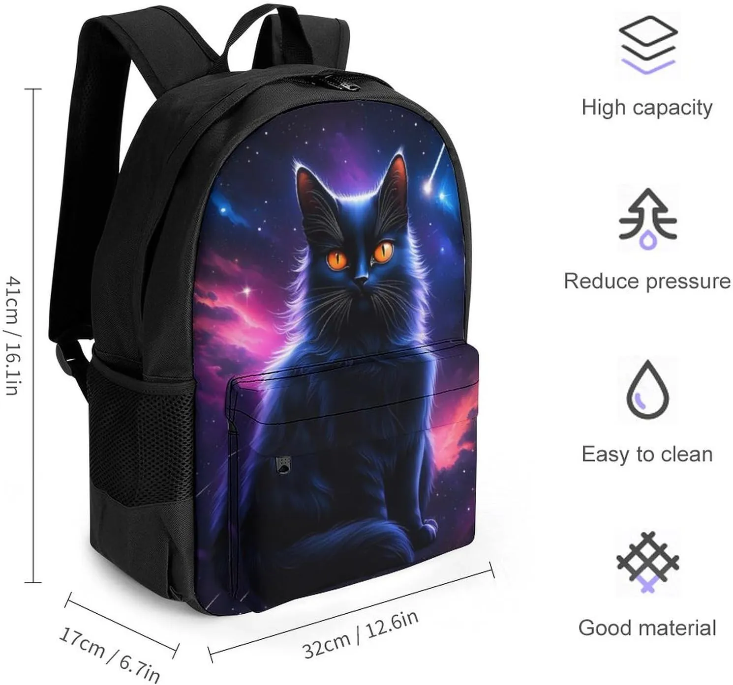 Men Women Polyester Cosmic Black Cat Eye Flames Burning Starry Sky Rt Casual Daypack Large Capacity Carry On Bag With Adjustable Shoulder Straps for Camping Work Running