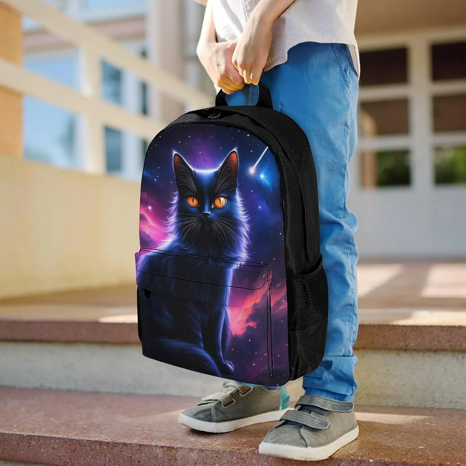Men Women Polyester Cosmic Black Cat Eye Flames Burning Starry Sky Rt Casual Daypack Large Capacity Carry On Bag With Adjustable Shoulder Straps for Camping Work Running