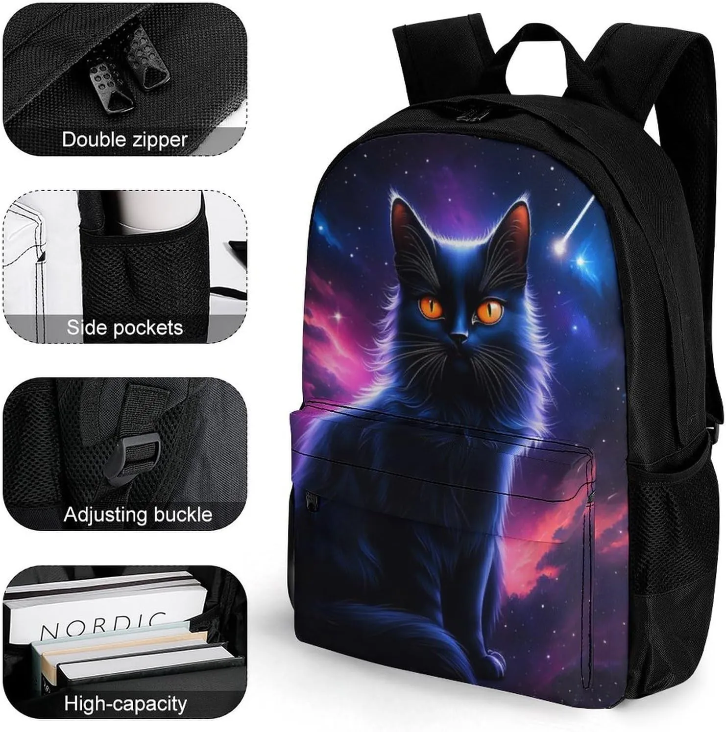 Men Women Polyester Cosmic Black Cat Eye Flames Burning Starry Sky Rt Casual Daypack Large Capacity Carry On Bag With Adjustable Shoulder Straps for Camping Work Running