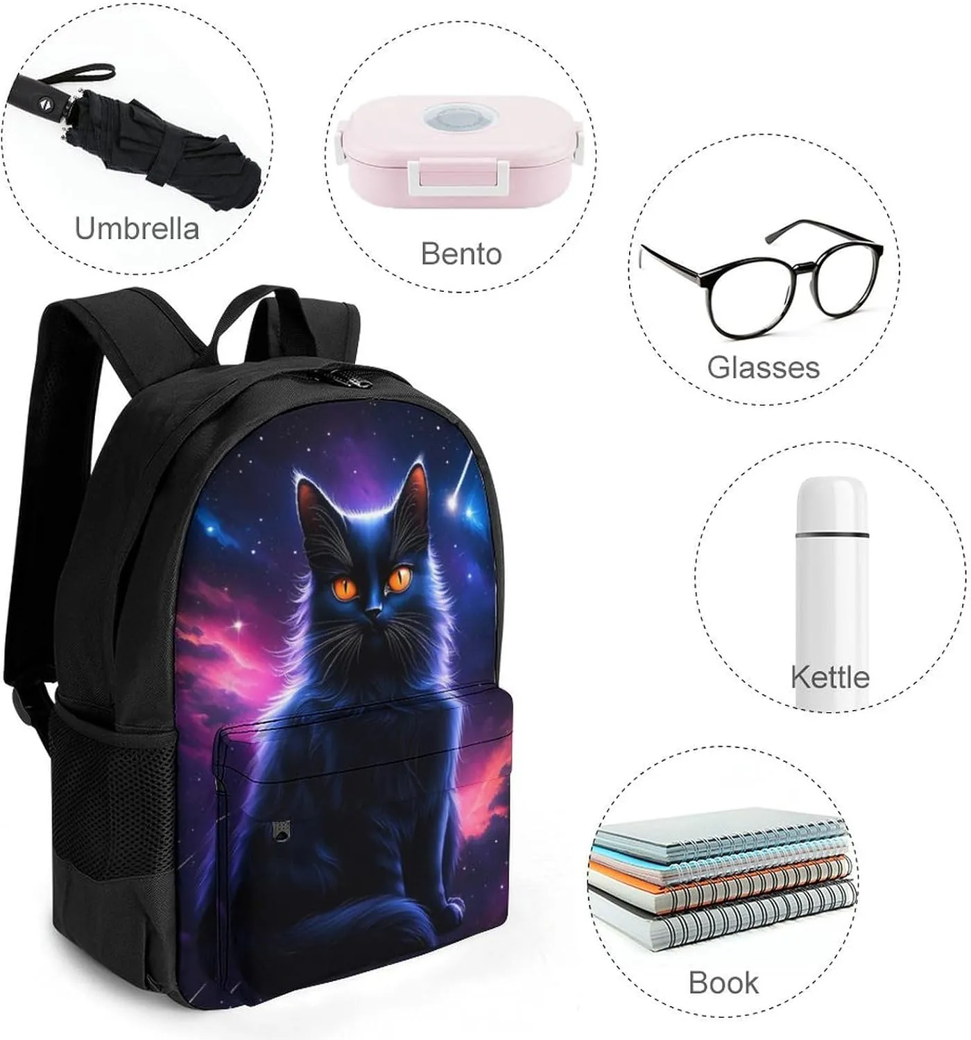 Men Women Polyester Cosmic Black Cat Eye Flames Burning Starry Sky Rt Casual Daypack Large Capacity Carry On Bag With Adjustable Shoulder Straps for Camping Work Running
