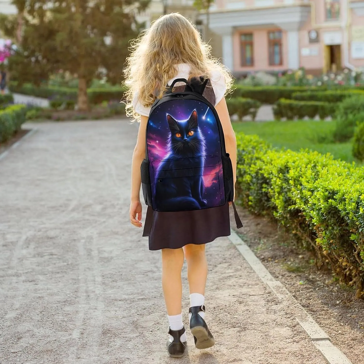 Men Women Polyester Cosmic Black Cat Eye Flames Burning Starry Sky Rt Casual Daypack Large Capacity Carry On Bag With Adjustable Shoulder Straps for Camping Work Running