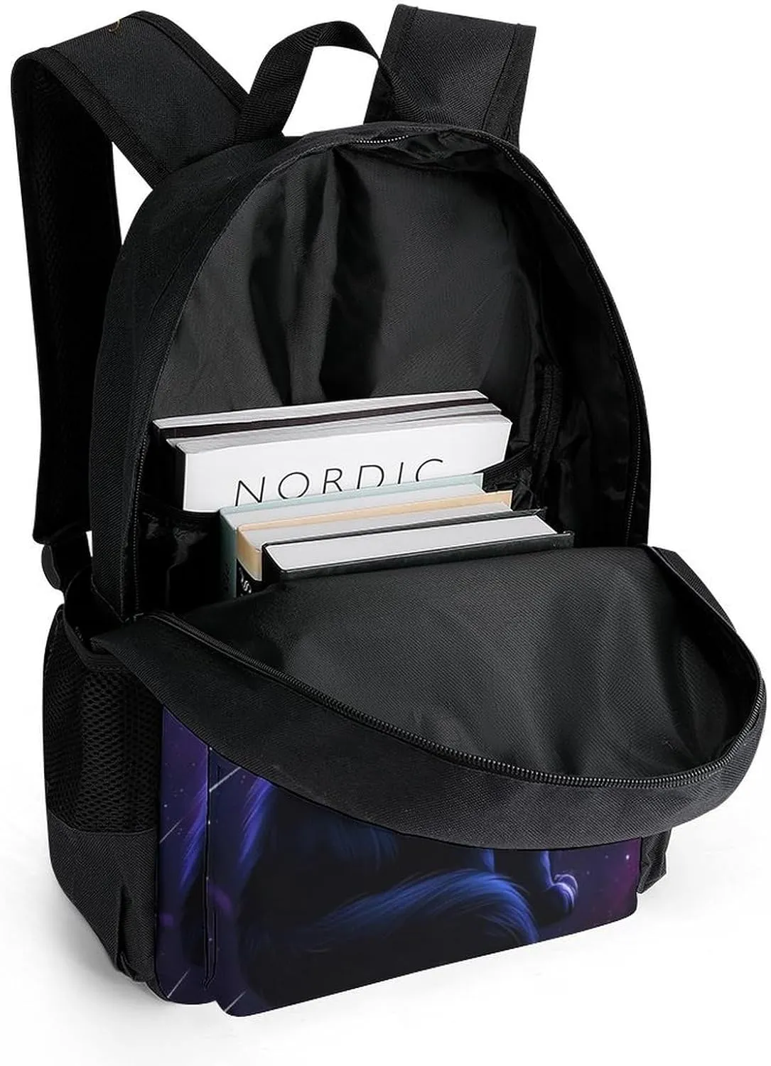 Men Women Polyester Cosmic Black Cat Eye Flames Burning Starry Sky Rt Casual Daypack Large Capacity Carry On Bag With Adjustable Shoulder Straps for Camping Work Running
