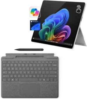Microsoft Surface Pro 11 Bundle, 13" Copilot  PC with Platinum Pro Keyboard & Slim Pen, Snapdragon X Plus, AI Tablet Essential Bundle, 16GB RAM, 512GB SSD, Win 11 Pro