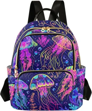 Mini Backpack Purse for Women, Purple Fluorescence Jellyfish Travel Bag Casual Daypack Shoulder Bag