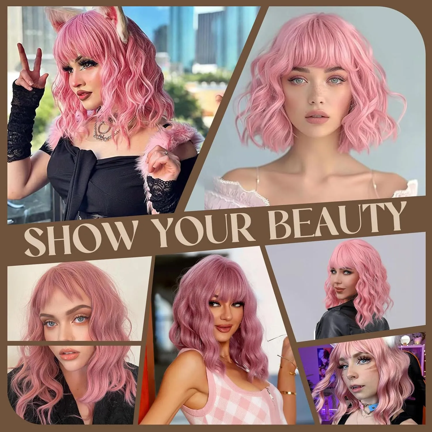 MISSQUEEN Pink Wig with Bangs Short Pink Wavy Wigs for Women 12in Natural Heat Resistant Fiber Synthetic Curly Light Pink Bob Wigs for Women Girls Daily Party Holiday Festival Chrismas Used