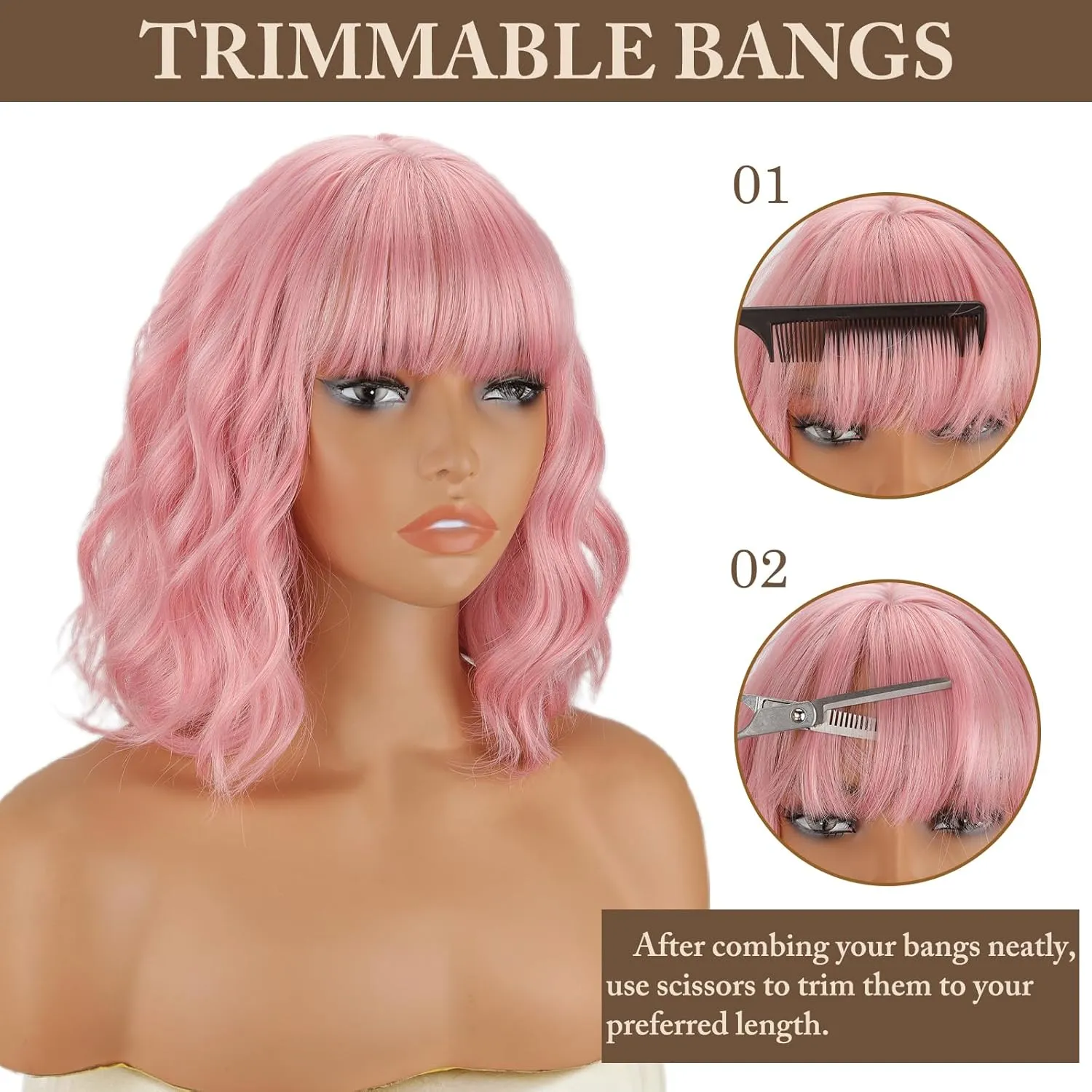 MISSQUEEN Pink Wig with Bangs Short Pink Wavy Wigs for Women 12in Natural Heat Resistant Fiber Synthetic Curly Light Pink Bob Wigs for Women Girls Daily Party Holiday Festival Chrismas Used