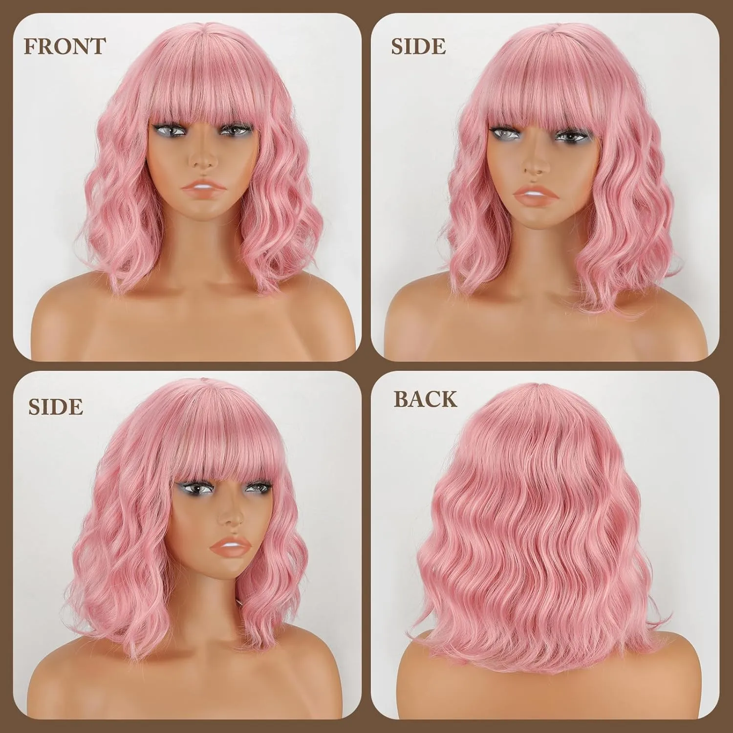 MISSQUEEN Pink Wig with Bangs Short Pink Wavy Wigs for Women 12in Natural Heat Resistant Fiber Synthetic Curly Light Pink Bob Wigs for Women Girls Daily Party Holiday Festival Chrismas Used