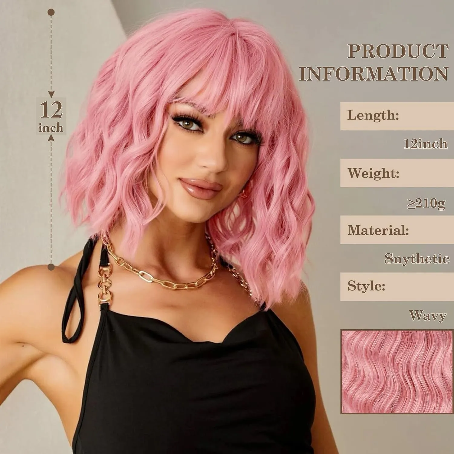 MISSQUEEN Pink Wig with Bangs Short Pink Wavy Wigs for Women 12in Natural Heat Resistant Fiber Synthetic Curly Light Pink Bob Wigs for Women Girls Daily Party Holiday Festival Chrismas Used