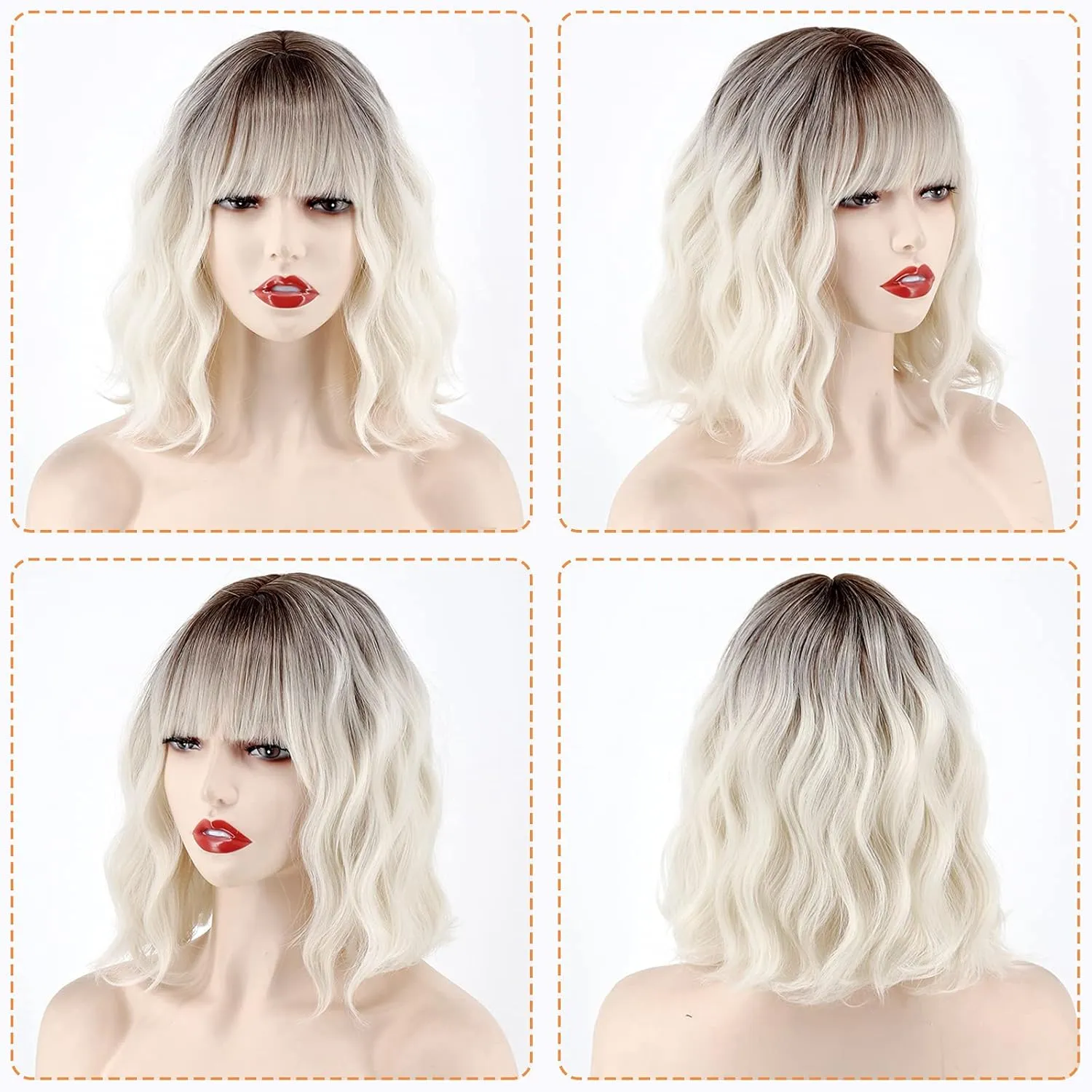 MISSQUEEN Short Platinum Blonde Wavy Wig with Bangs,Dark Roots Short White Blonde Wig for Women,Middle Part Cosplay blonde Wigs Natural Looking for Daily Use