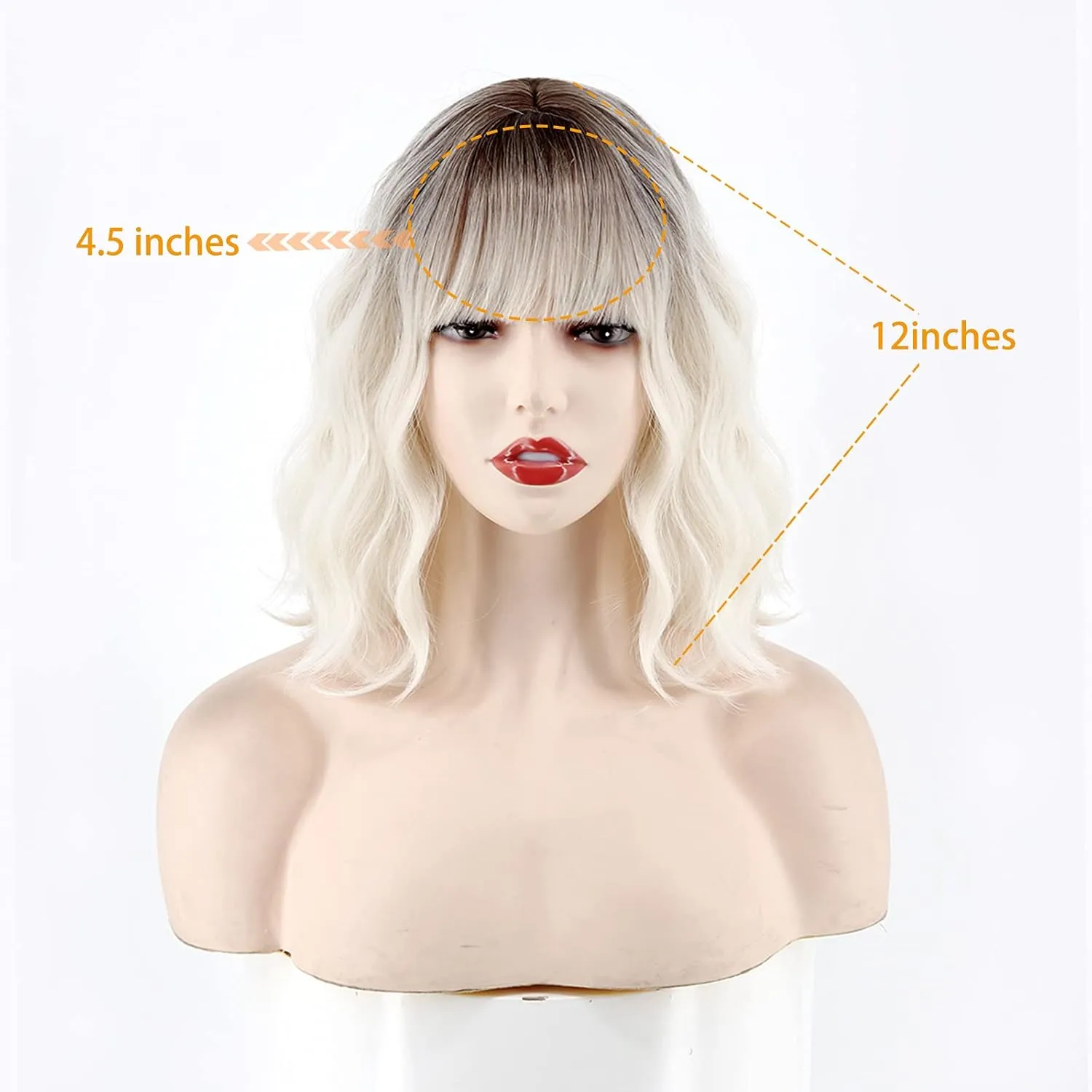 MISSQUEEN Short Platinum Blonde Wavy Wig with Bangs,Dark Roots Short White Blonde Wig for Women,Middle Part Cosplay blonde Wigs Natural Looking for Daily Use